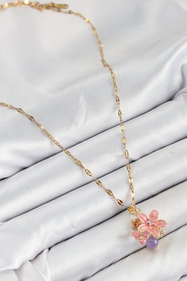 316L Çelik Zirkon Taşlı Arı Detaylı Pembe Çiçek Model Gold Renk Kadın Kolye - TJ-BKO10442
