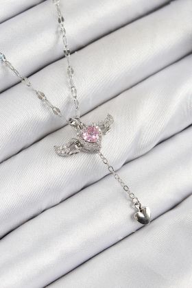 316L Çelik Zirkon Taşlı Melek Kanadı Detaylı Kalp Model Gümüş Renk Kadın Kolye - TJ-BKO10445