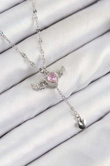 316L Çelik Zirkon Taşlı Melek Kanadı Detaylı Kalp Model Gümüş Renk Kadın Kolye - TJ-BKO10445