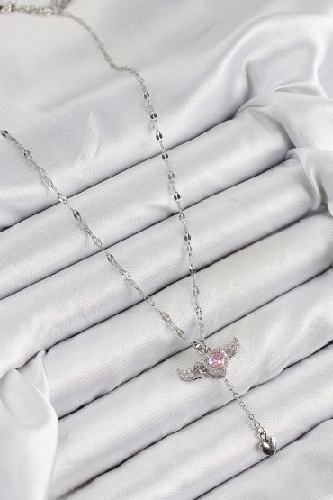 316L Çelik Zirkon Taşlı Melek Kanadı Detaylı Kalp Model Gümüş Renk Kadın Kolye - TJ-BKO10445