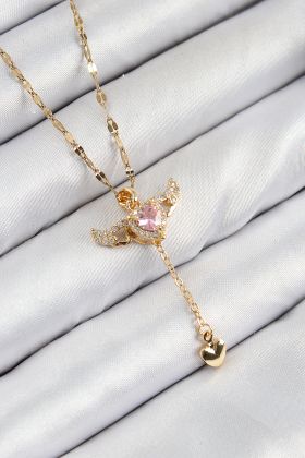 316L Çelik Zirkon Taşlı Melek Kanadı Detaylı Kalp Model Gold Renk Kadın Kolye - TJ-BKO10446