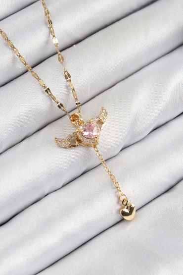 316L Çelik Zirkon Taşlı Melek Kanadı Detaylı Kalp Model Gold Renk Kadın Kolye - TJ-BKO10446