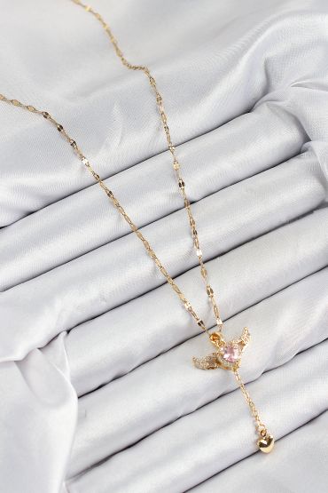 316L Çelik Zirkon Taşlı Melek Kanadı Detaylı Kalp Model Gold Renk Kadın Kolye - TJ-BKO10446