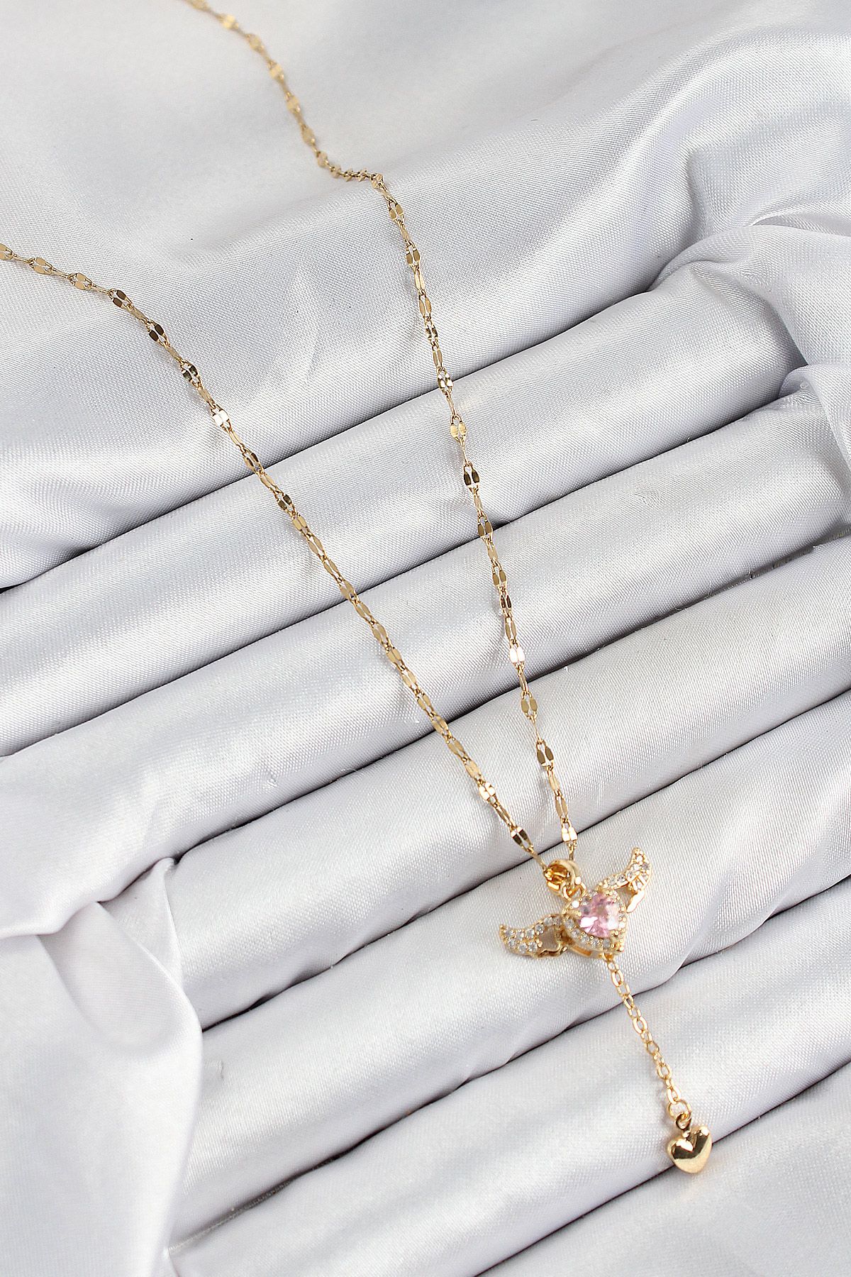 316L Çelik Zirkon Taşlı Melek Kanadı Detaylı Kalp Model Gold Renk Kadın Kolye - TJ-BKO10446