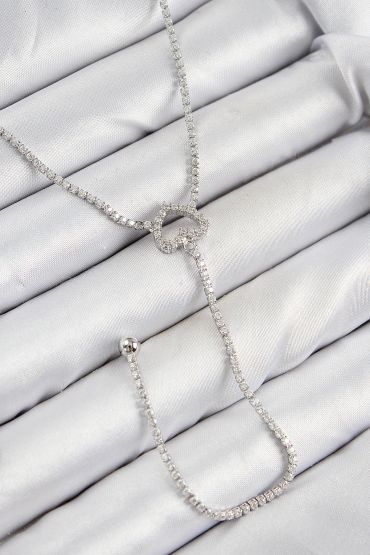 Pirinç Zirkon Taşlı Kalp Model Gümüş Renk  Y Kolye - TJ-BKO10447