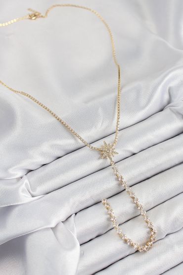 Pirinç Zirkon Taşlı Kutup Yıldızı Model Gümüş Renk Y Kolye - TJ-BKO10448
