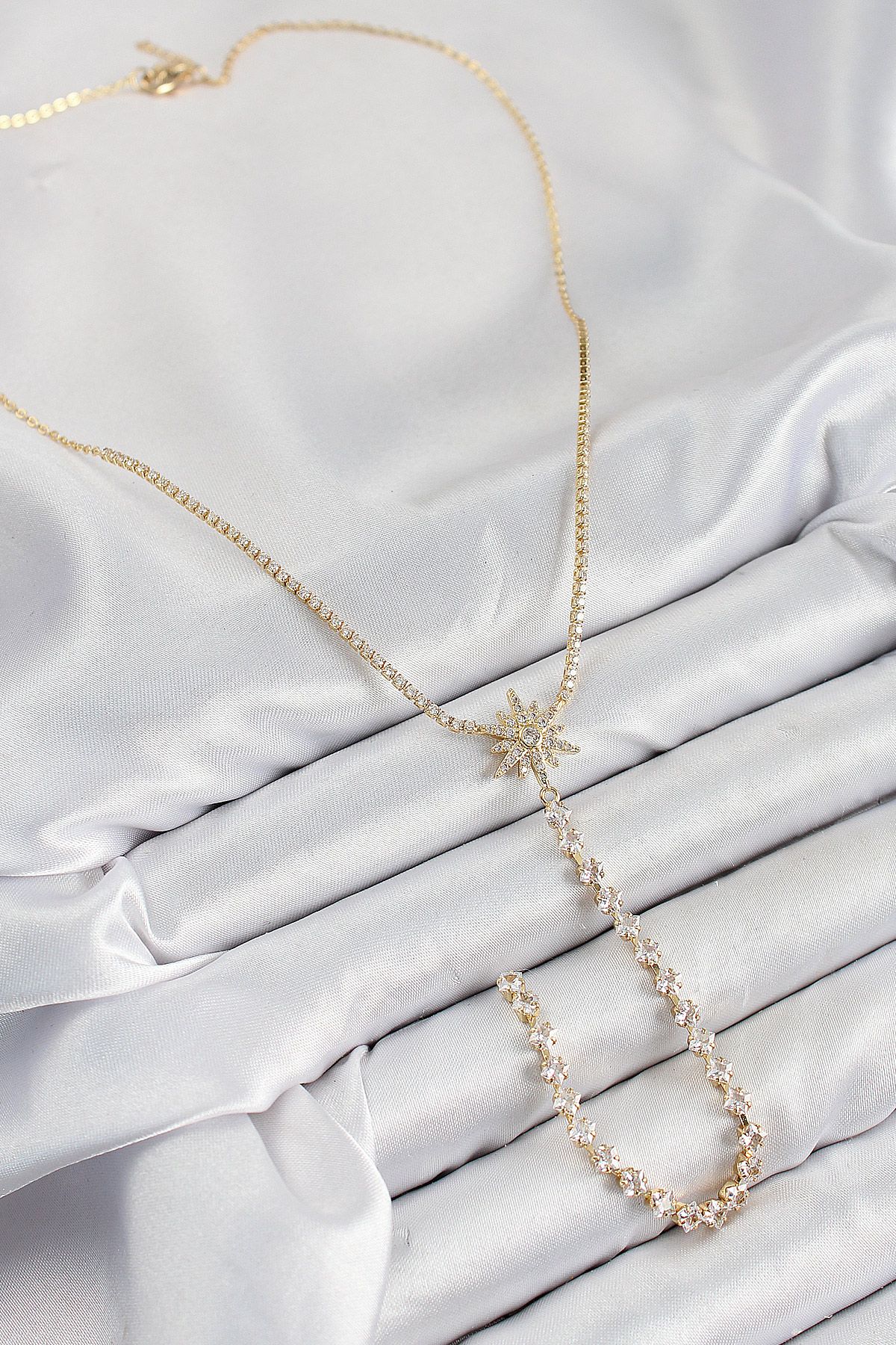 Pirinç Zirkon Taşlı Kutup Yıldızı Model Gümüş Renk Y Kolye - TJ-BKO10448