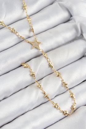 Pirinç Zirkon Taşlı Yıldız Model Gold Renk Y Kolye - TJ-BKO10459