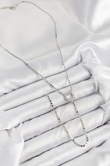 Pirinç Zirkon Taşlı Ezme Zincirli Kalp Model Gümüş Renk Y Kolye - TJ-BKO10460
