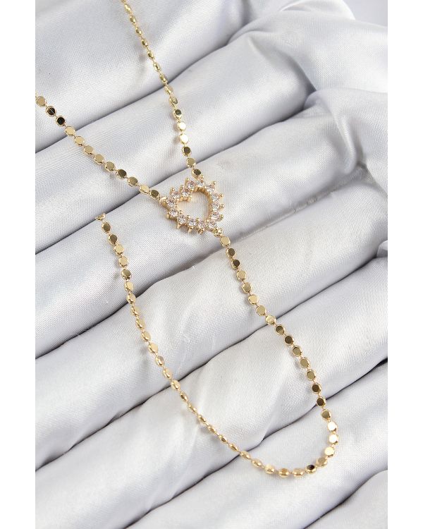 Pirinç Zirkon Taşlı Ezme Zincirli Kalp Model Gold Renk Y Kolye - TJ-BKO10461