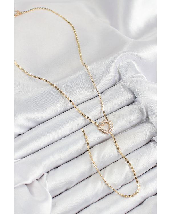 Pirinç Zirkon Taşlı Ezme Zincirli Kalp Model Gold Renk Y Kolye - TJ-BKO10461
