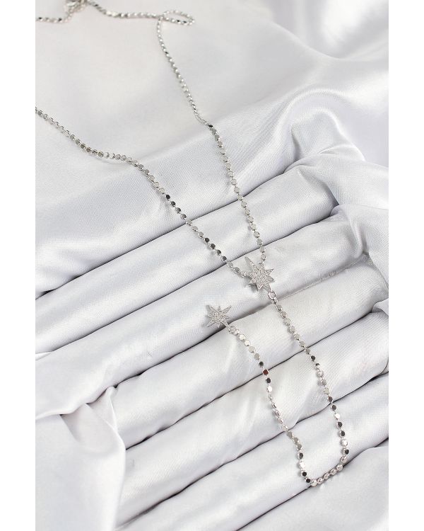 Pirinç Zirkon Taşlı Ezme Zincirli Kutup Yıldızı Model Gümüş Renk Y Kolye - TJ-BKO10462