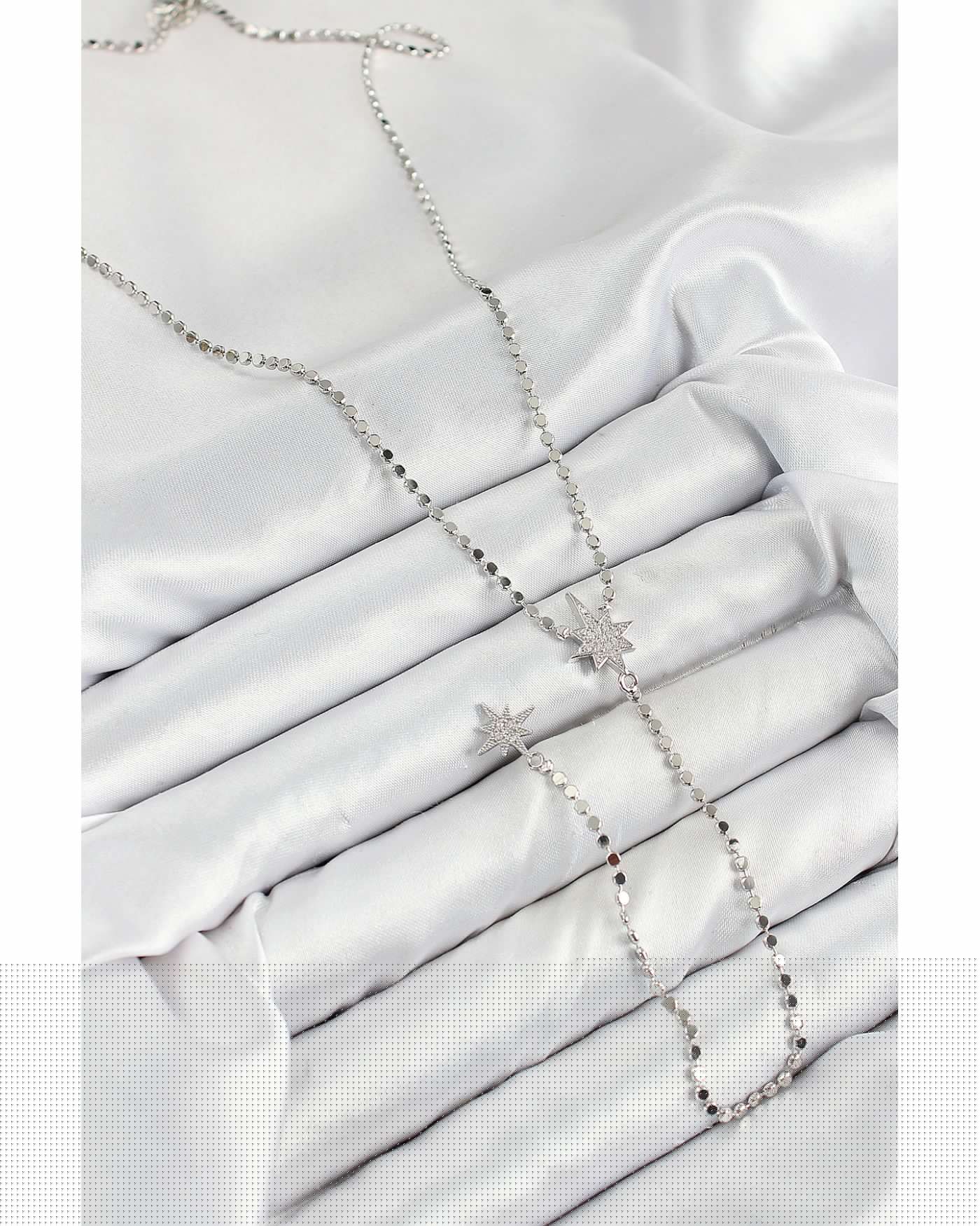 Pirinç Zirkon Taşlı Ezme Zincirli Kutup Yıldızı Model Gümüş Renk Y Kolye - TJ-BKO10462