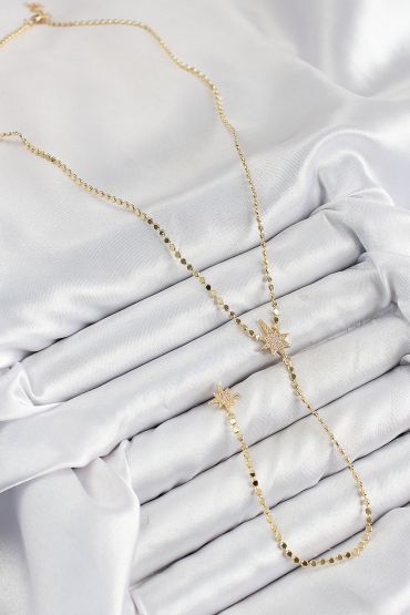 Pirinç Zirkon Taşlı Ezme Zincirli Kutup Yıldızı Model Gold Renk Y Kolye - TJ-BKO10463