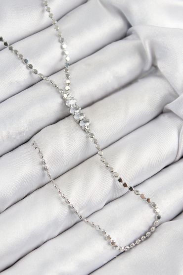 Pirinç Zirkon Taşlı Ezme Zincirli Model Gümüş Renk Y Kolye - TJ-BKO10464
