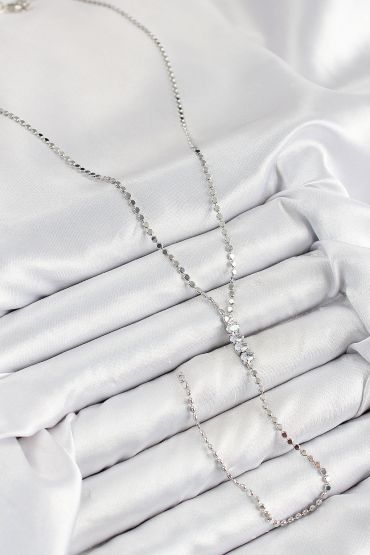 Pirinç Zirkon Taşlı Ezme Zincirli Model Gümüş Renk Y Kolye - TJ-BKO10464