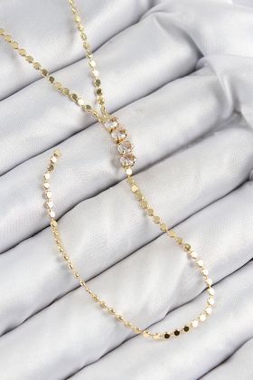 Pirinç Zirkon Taşlı Ezme Zincirli Model Gold Renk Y Kolye - TJ-BKO10465