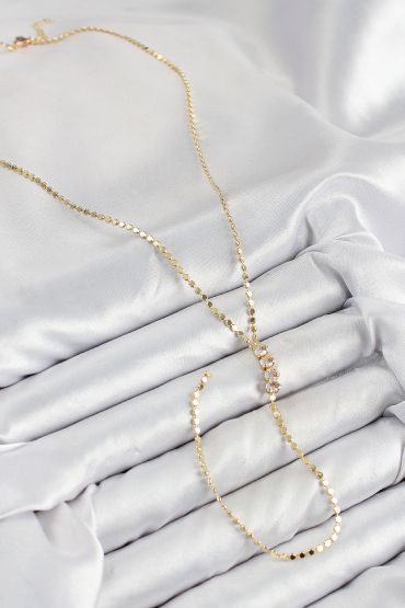 Pirinç Zirkon Taşlı Ezme Zincirli Model Gold Renk Y Kolye - TJ-BKO10465