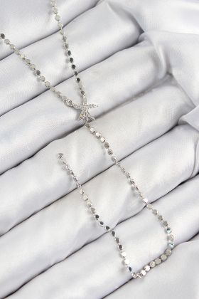Pirinç Zirkon Taşlı Ezme Zincirli Deniz Yıldızı Model Gümüş Renk Y Kolye - TJ-BKO10466