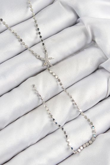 Pirinç Zirkon Taşlı Ezme Zincirli Deniz Yıldızı Model Gümüş Renk Y Kolye - TJ-BKO10466