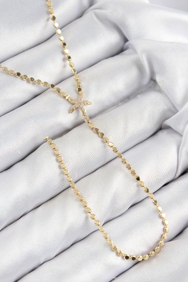 Pirinç Zirkon Taşlı Ezme Zincirli Deniz Yıldızı Model Gold Renk Y Kolye - TJ-BKO10467