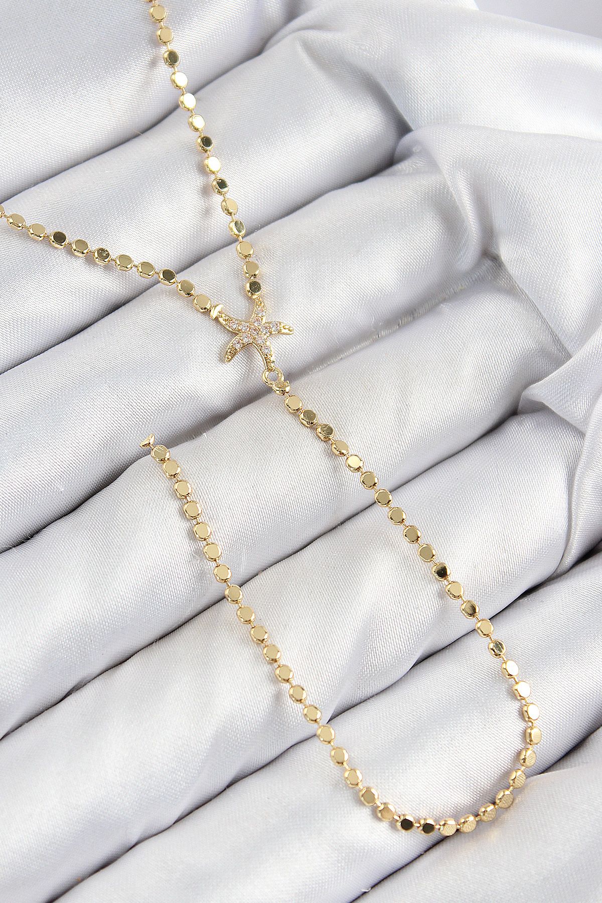 Pirinç Zirkon Taşlı Ezme Zincirli Deniz Yıldızı Model Gold Renk Y Kolye - TJ-BKO10467