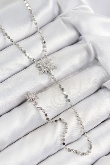 Pirinç Zirkon Taşlı Ezme Zincirli Kutup Yıldızı Model Gümüş Renk Y Kolye - TJ-BKO10468