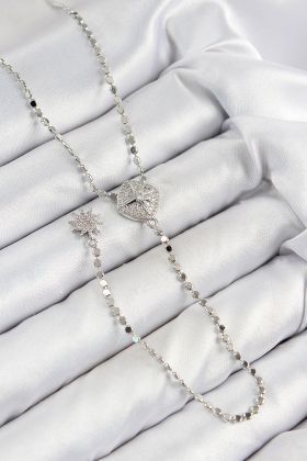 Pirinç Zirkon Taşlı Ezme Zincirli Madalyon Model Gümüş Renk Y Kolye - TJ-BKO10470