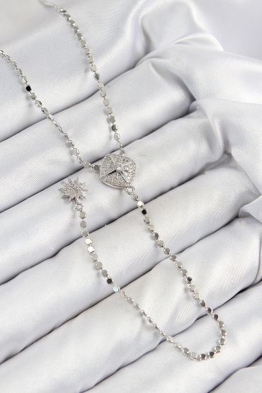 Pirinç Zirkon Taşlı Ezme Zincirli Madalyon Model Gümüş Renk Y Kolye - TJ-BKO10470