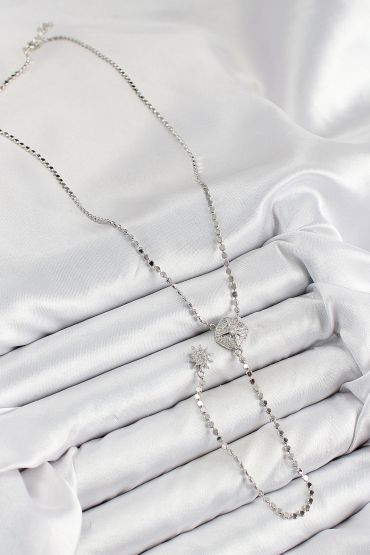 Pirinç Zirkon Taşlı Ezme Zincirli Madalyon Model Gümüş Renk Y Kolye - TJ-BKO10470