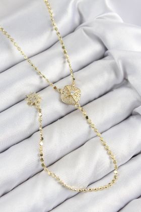 Pirinç Zirkon Taşlı Ezme Zincirli Madalyon Model Gold Renk Y Kolye - TJ-BKO10471