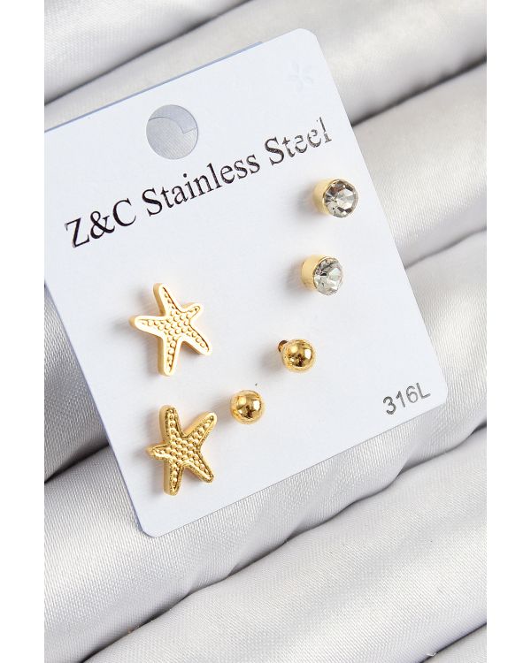 316L Çelik Zirkon Taşlı Deniz Yıldızı Model Gümüş Renk Kadın Set Küpe - TJ-BKP11120