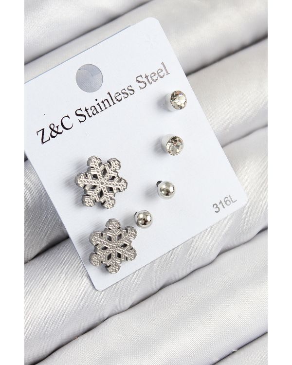 316L Çelik Zirkon Taşlı Kar Tanesi Model Gümüş Renk Kadın Set Küpe - TJ-BKP11121