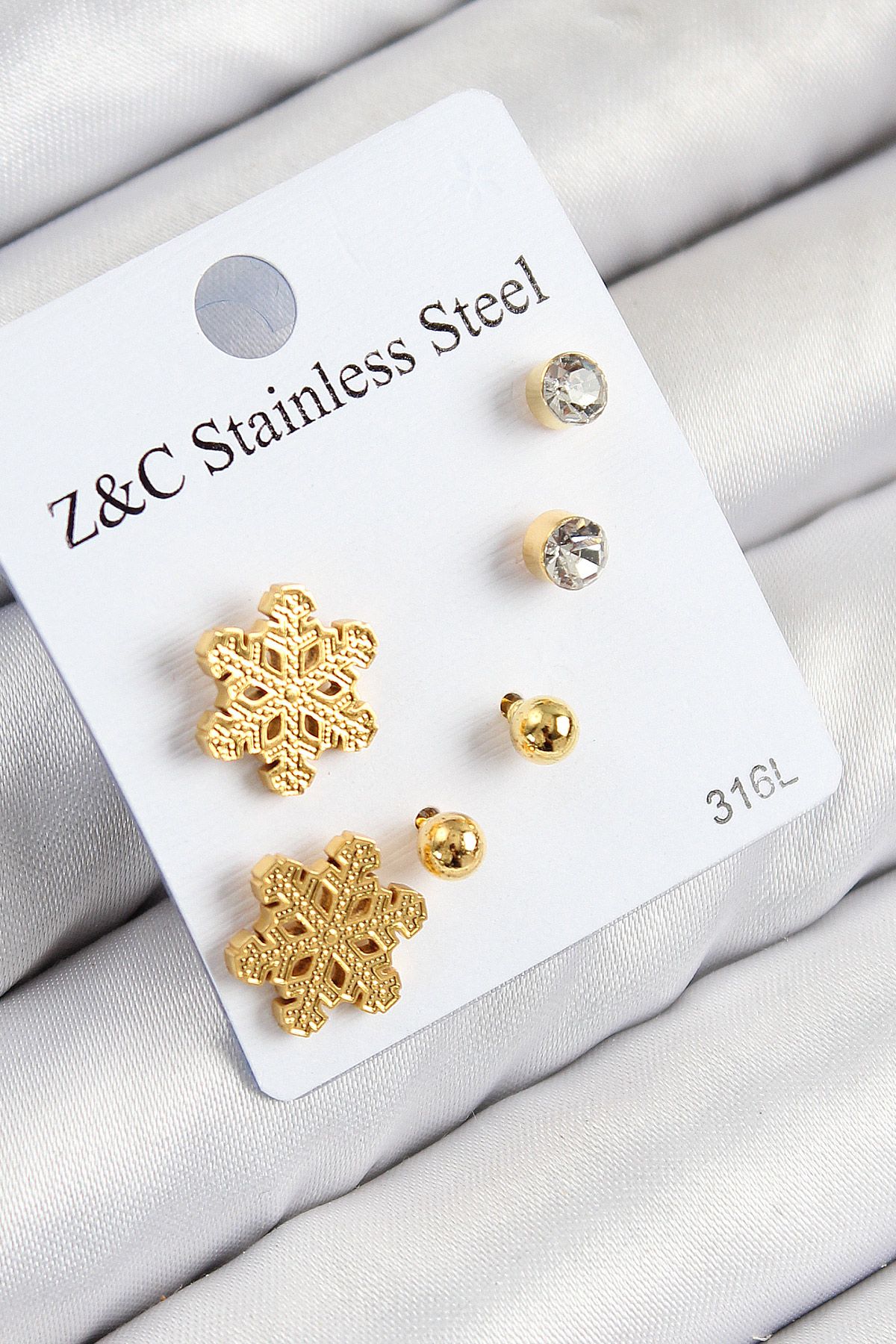 316L Çelik Zirkon Taşlı Kar Tanesi Model Gold Renk Kadın Set Küpe - TJ-BKP11122