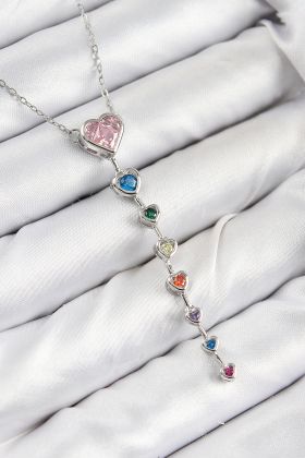 Pirinç Renkli Zirkon Taşlı Kalp Model Gümüş Renk Kadın Y Kolye - TJ-BKO10472