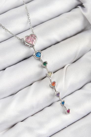 Pirinç Renkli Zirkon Taşlı Kalp Model Gümüş Renk Kadın Y Kolye - TJ-BKO10472