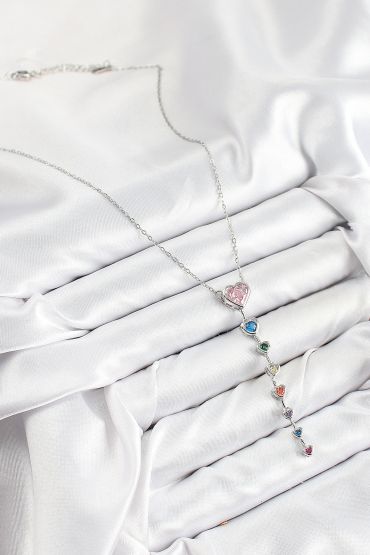 Pirinç Renkli Zirkon Taşlı Kalp Model Gümüş Renk Kadın Y Kolye - TJ-BKO10472