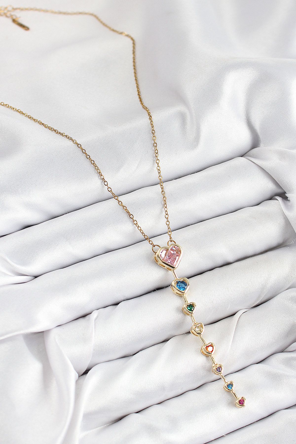 Pirinç Renkli Zirkon Taşlı Kalp Model Gold Renk Kadın Y Kolye - TJ-BKO10473