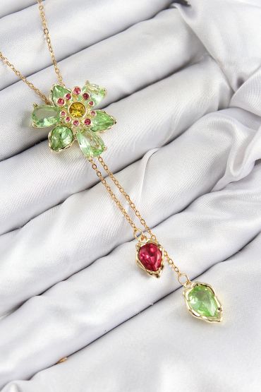 VIP Pirinç Zirkon Taşlı Çiçek Model Gold Renk Asansörlü Kadın Kolye - TJ-BKO10474