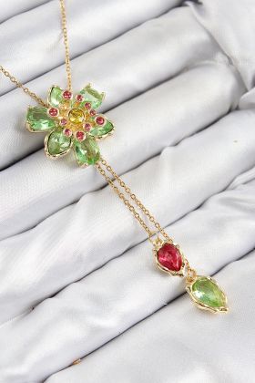 VIP Pirinç Zirkon Taşlı Çiçek Model Gold Renk Asansörlü Kadın Kolye - TJ-BKO10477