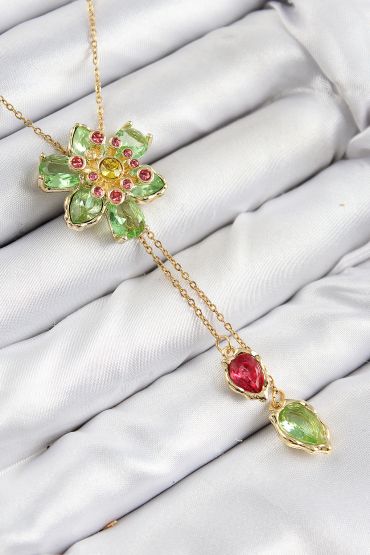VIP Pirinç Zirkon Taşlı Çiçek Model Gold Renk Asansörlü Kadın Kolye - TJ-BKO10477