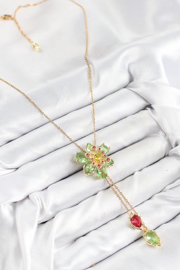 VIP Pirinç Zirkon Taşlı Çiçek Model Gold Renk Asansörlü Kadın Kolye - TJ-BKO10477