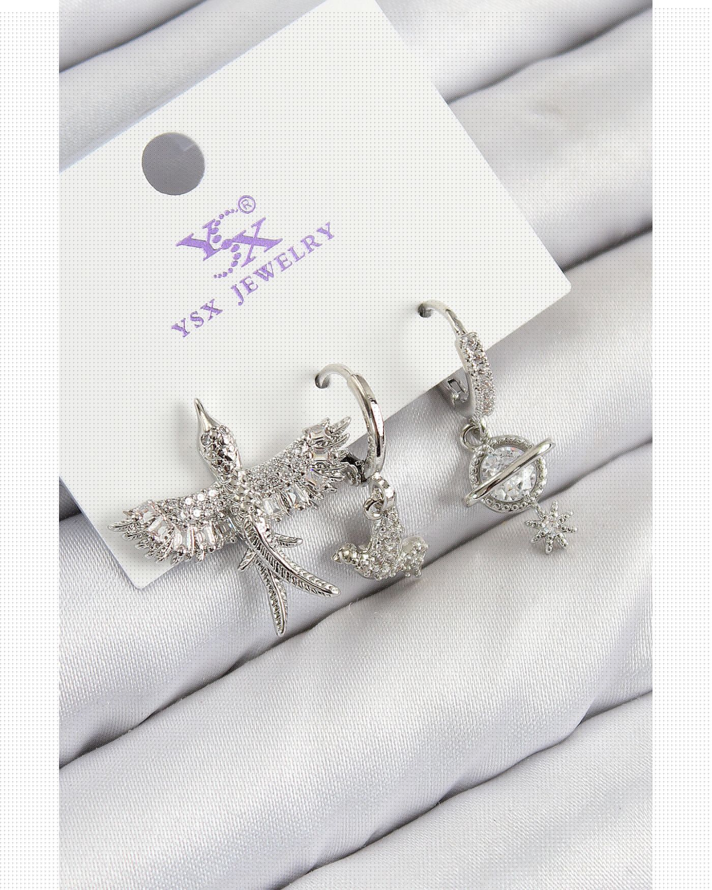 Pirinç Zirkon Taşlı 3'lü Kuş Model Gümüş Renk Kadın Küpe - TJ-BKP11124