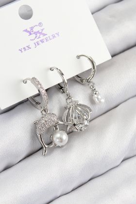 Pirinç Zirkon Taşlı 3'lü Yunus Balığı Ve İstiridye Model Gümüş Renk Kadın Küpe - TJ-BKP11127