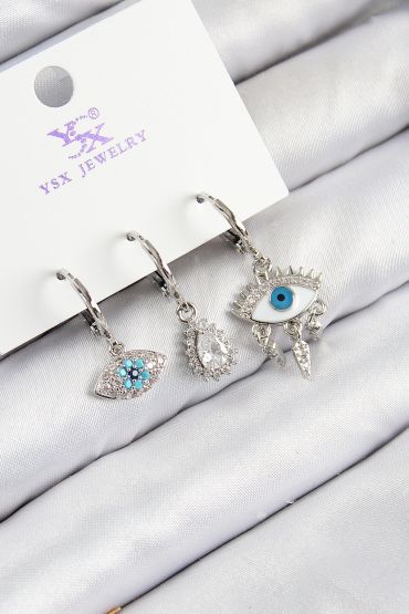 Pirinç Zirkon Taşlı 3'lü Fatma'nın Gözü Model Gümüş Renk Kadın Küpe - TJ-BKP11130