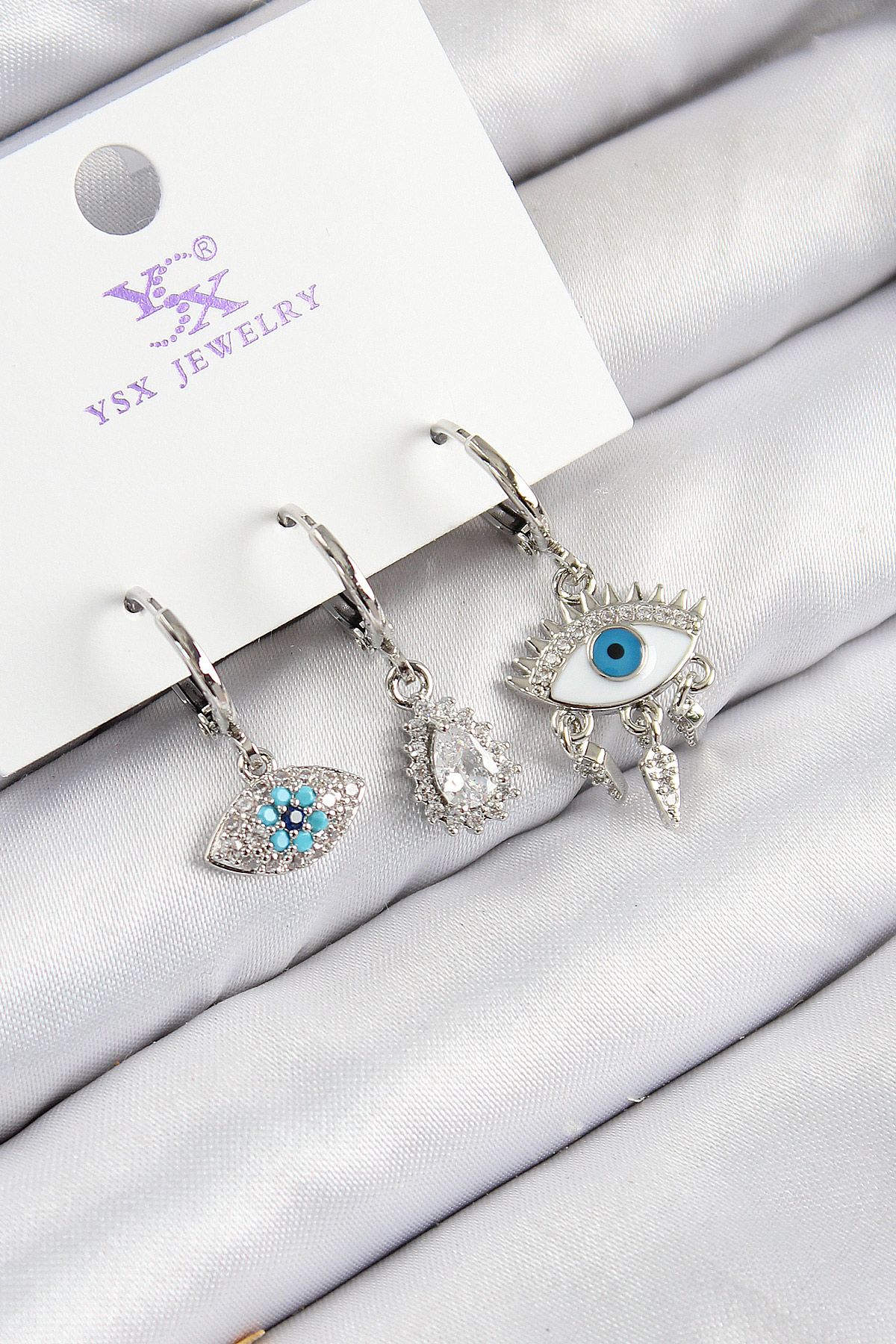 Pirinç Zirkon Taşlı 3'lü Fatma'nın Gözü Model Gümüş Renk Kadın Küpe - TJ-BKP11130