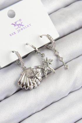 Pirinç Zirkon Taşlı 3'lü Yıldız Ve İstiridye Model Gümüş Renk Kadın Küpe - TJ-BKP11131