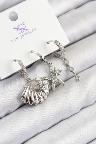 Pirinç Zirkon Taşlı 3'lü Yıldız Ve İstiridye Model Gümüş Renk Kadın Küpe - TJ-BKP11131