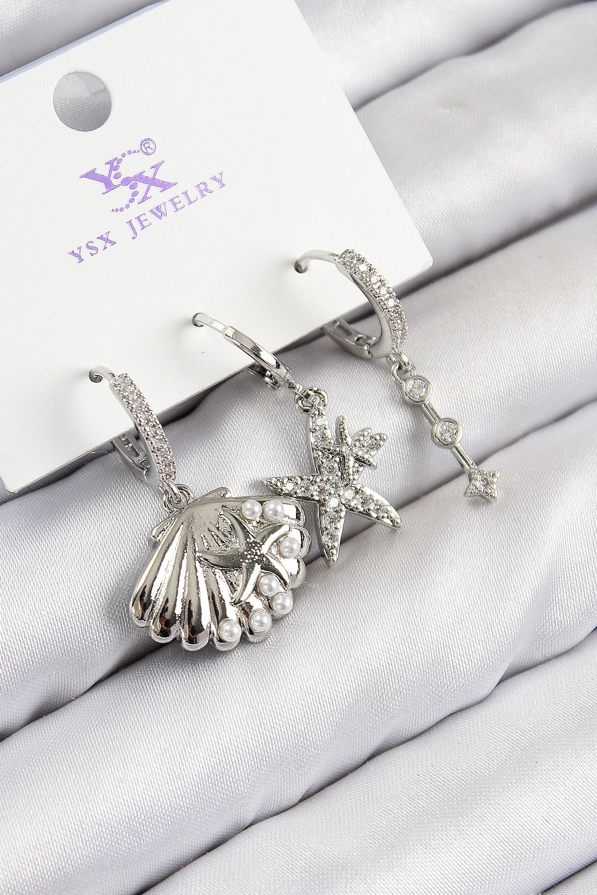 Pirinç Zirkon Taşlı 3'lü Yıldız Ve İstiridye Model Gümüş Renk Kadın Küpe - TJ-BKP11131