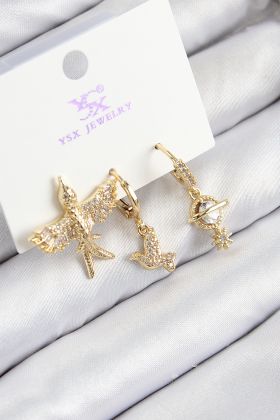 Pirinç Zirkon Taşlı 3'lü Kuş Model Gold Renk Kadın Küpe - TJ-BKP11133